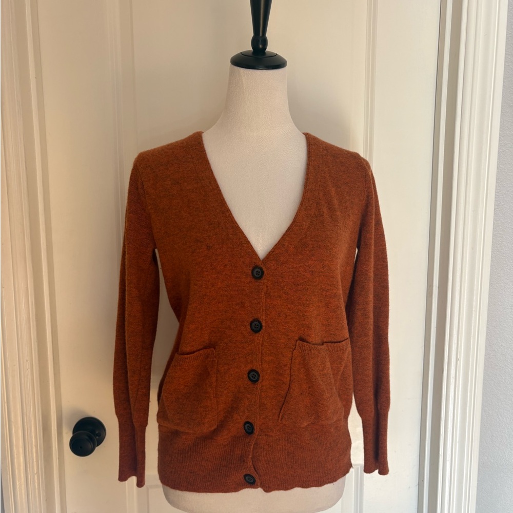 80% Wool Burnt Orange Cardigan Sweater — Soft Cozy Knit, Pockets,